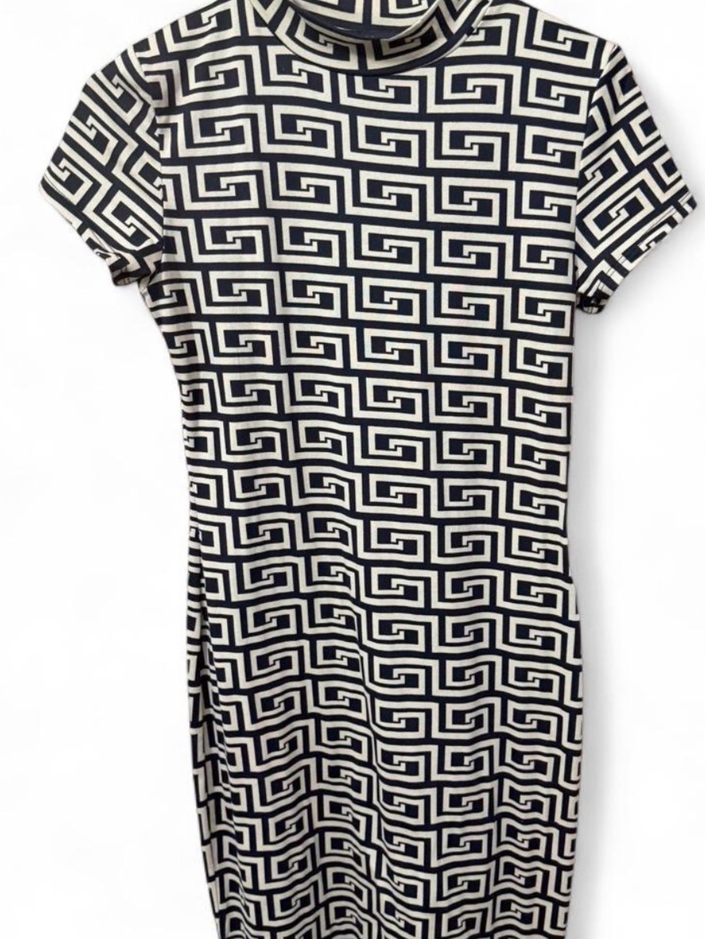 Absolutely Geometric Black and Cream Turtleneck Midi Dress